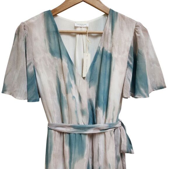 Chic Soul Dress Sz 1X Teal Tan Chiffon Maxi Flutter Sleeve Surplice V Neck Slit - Picture 2 of 13